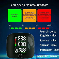 Tensiomètre à chargement vocal au poignet, tensiomètre multifonctionnel, moniteur de fréquence cardiaque, sang grand écran LED