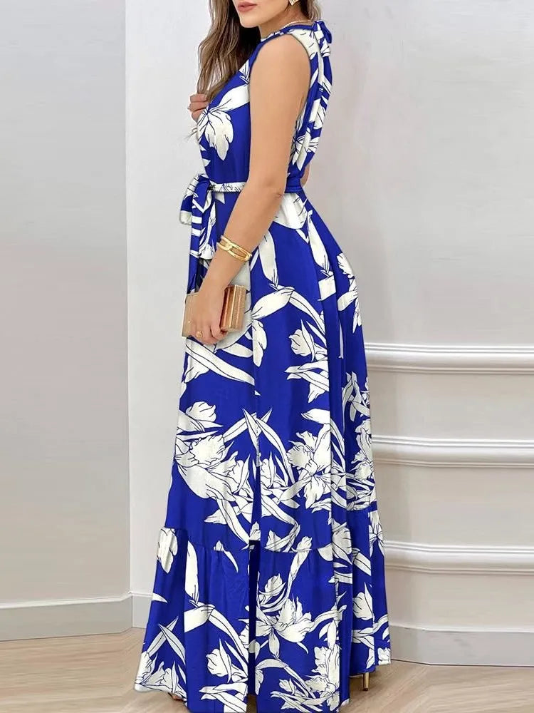 Women's Summer New Sexy Sleeveless Hanging Neck Dress With Lace Up Waist Fashionable Printed Lotus Leaf Skirt Floor Length Skirt