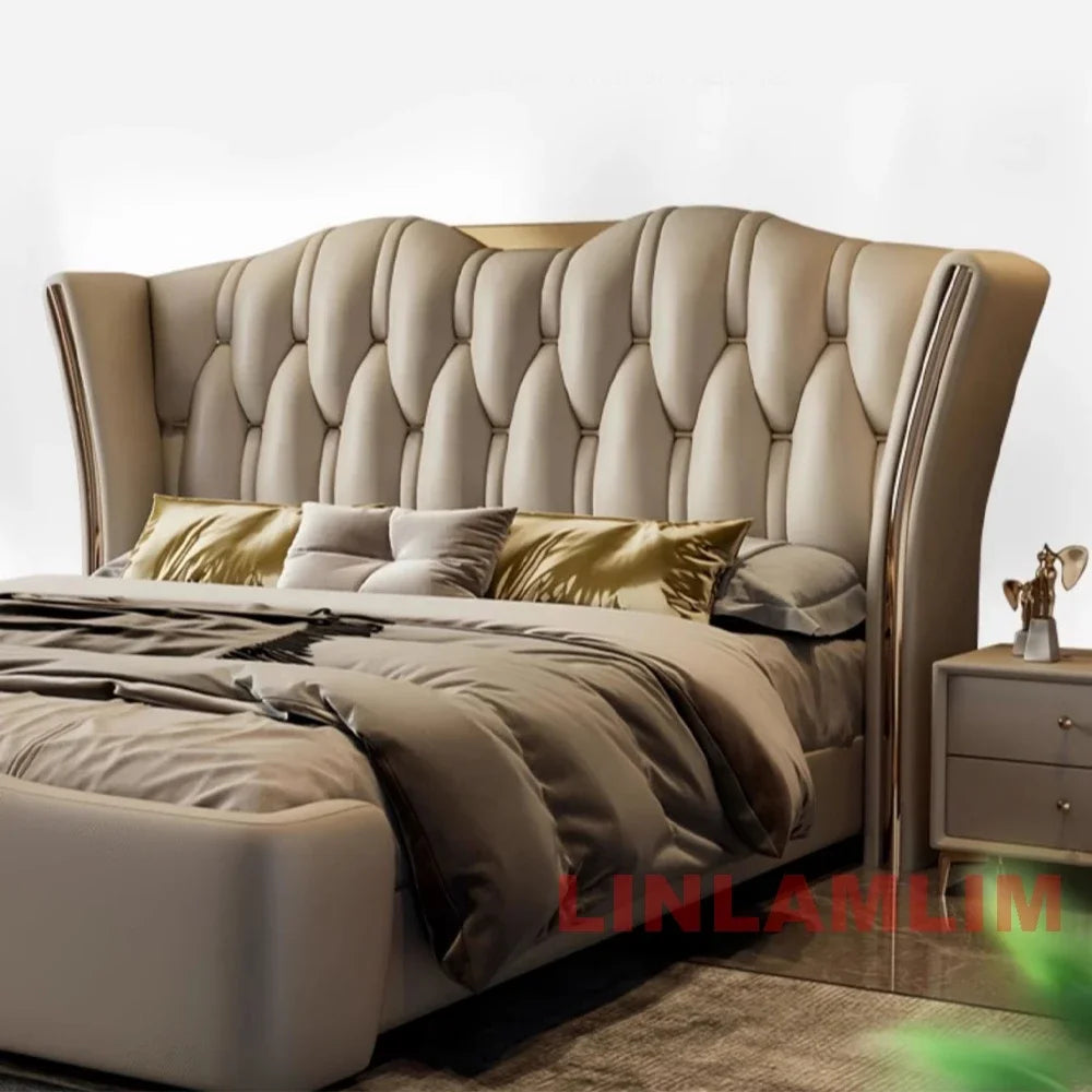 MINGDIBAO-Cadre de lit en cuir véritable avec Accents dorés, mobilier de luxe moderne, design, pour chambre à coucher, queen/king size