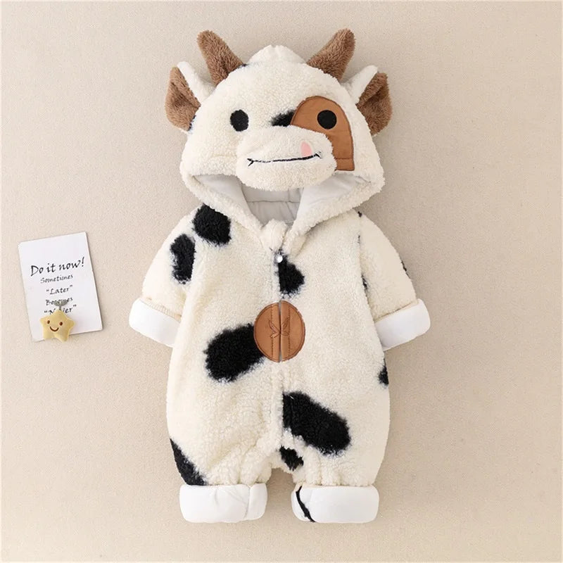 Barboteuse à Capuche en Peluche pour Bébé Fille et Garçon, Combinaison Imprimée Vache, Fermeture Éclair, Manches sulf, Dessin Animé, Costume de ix, Hiver