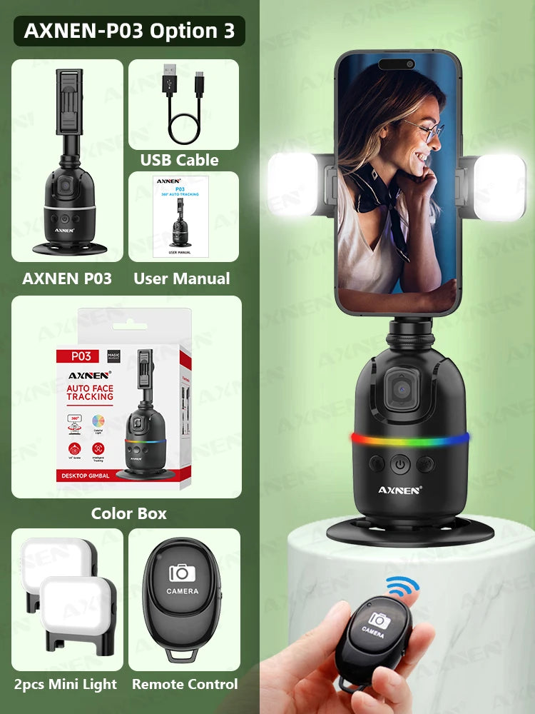 Stabilisateur de téléphone portable à cardan avec suivi du visage AI, support de selfie à rotation automatique à 360 °, trépied en option, iPhone 15 Pro Max Android