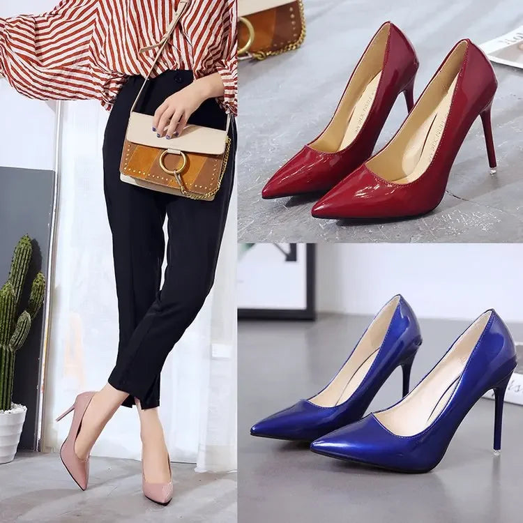 HOT grande taille 34-44 femmes chaudes chaussures bout pointu pompes en cuir verni robe talons hauts bateau chaussures de mariage Zapatos Mujerd76