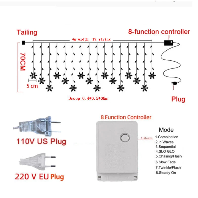Guirlande de rideaux lumineux Led de 4M, éclairage de vacances, décorations de noël, lumières de fête pour chambre à coucher, réveillon du nouvel an, décoration féerique pour la maison