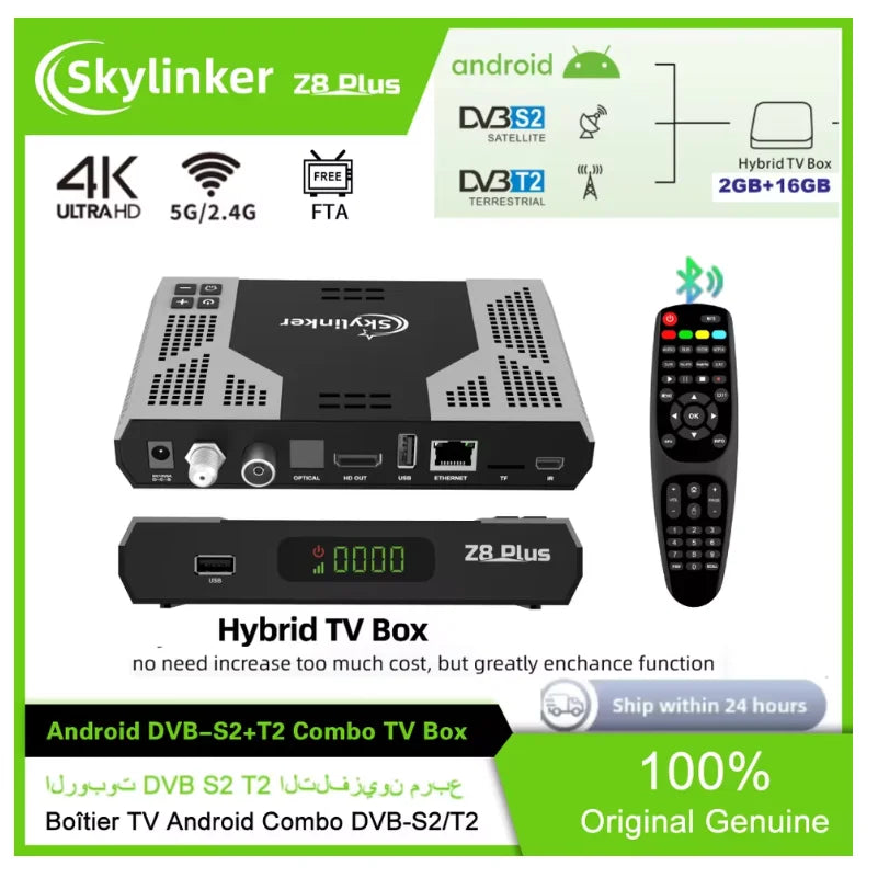 Skylinker Z8 Plus hybride Android OTT + DVB-S2 + DVB-T2 HD 4K TV Box FTA avec H265 2 + 16GB 5G Wifi OTT DVB-S2 récepteur Satellite