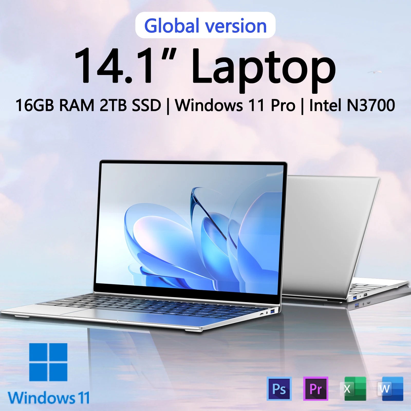 Nouveau ordinateur portable Ultra mince 14.1 "16GB RAM 2 to SSD Intel N3700 PC de jeu 1920*1080 affichage bureau étude ordinateur PC Windows 11 Pro