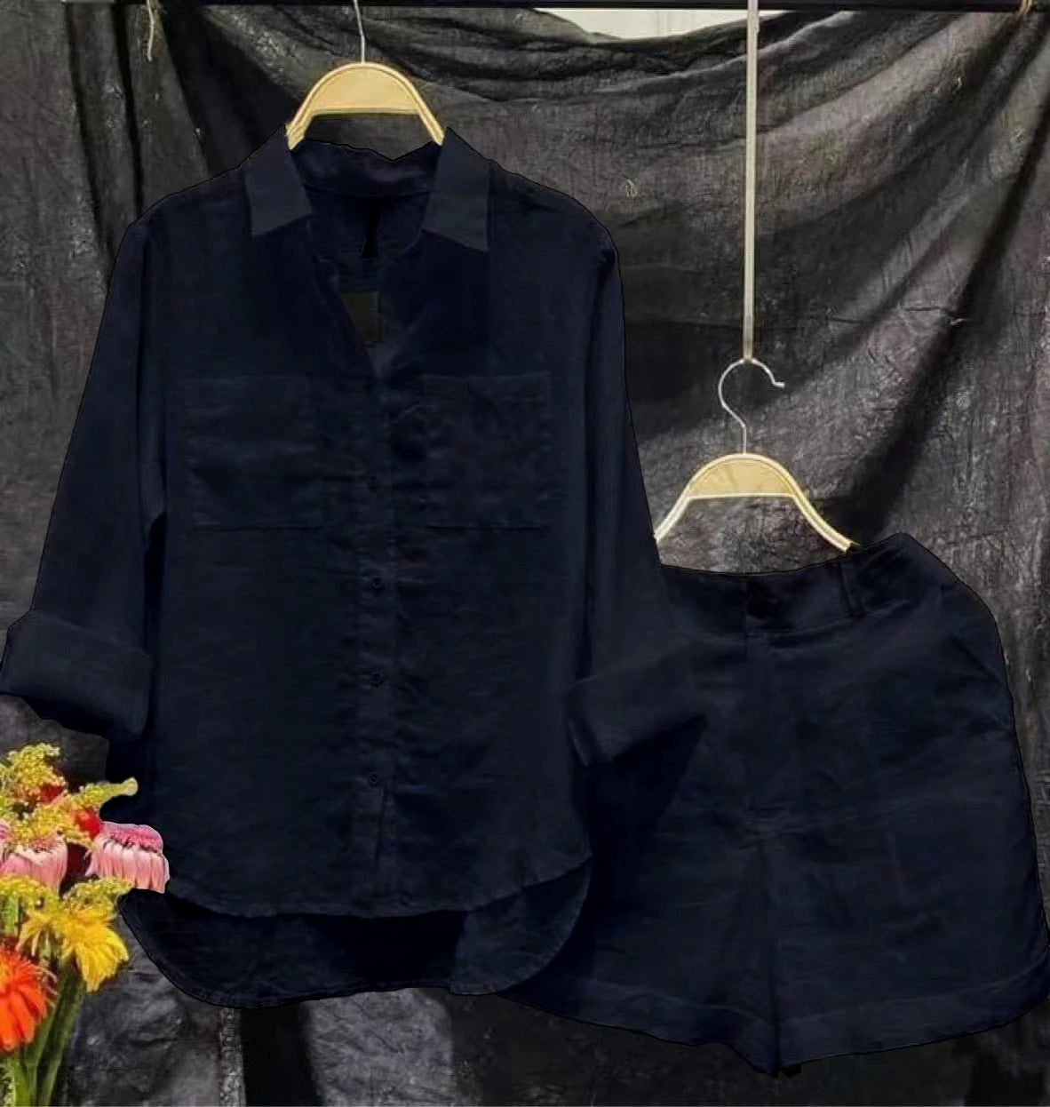 Ensemble d'été 2 pièces en coton et lin pour femmes, chemise et short blancs à manches longues, à la mode, pour la maison, survêtement, 2024