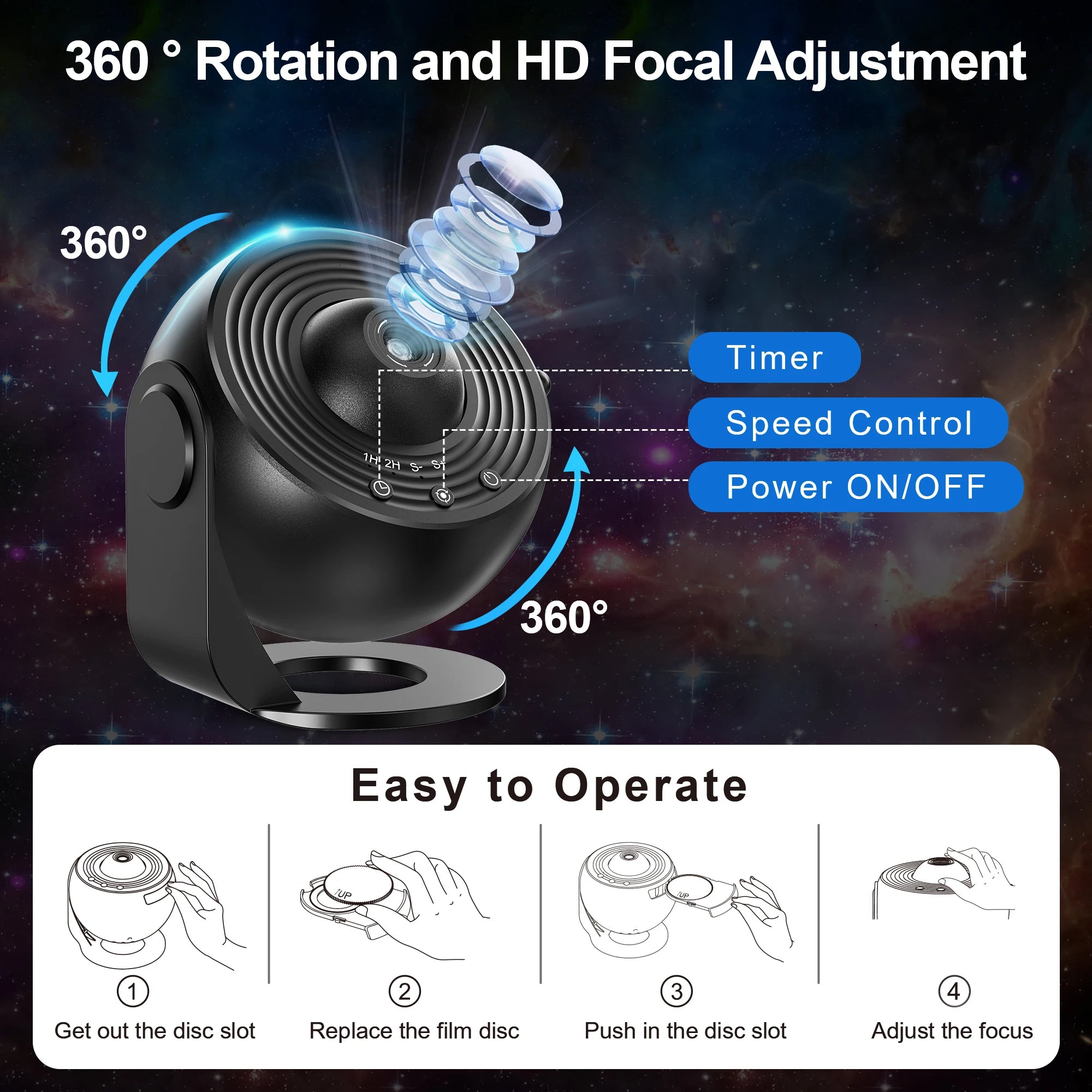 Projecteur d'étoiles, projecteur de galaxie planétarium 13 en 1, 360 ° Rotation, conception muette, image HD et synchronisation pour chambre à coucher, anniversaire, décoration de noël