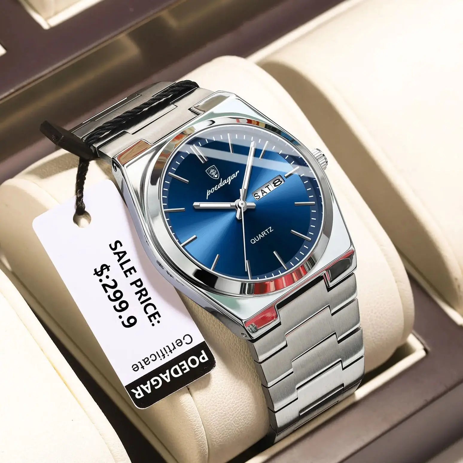 POEDAGAR Montre de luxe pour homme étanche lumineux Date Semaine en acier inoxydable Hommes Montre Casual Quartz Montres pour hommes Horloge masculine + boîte