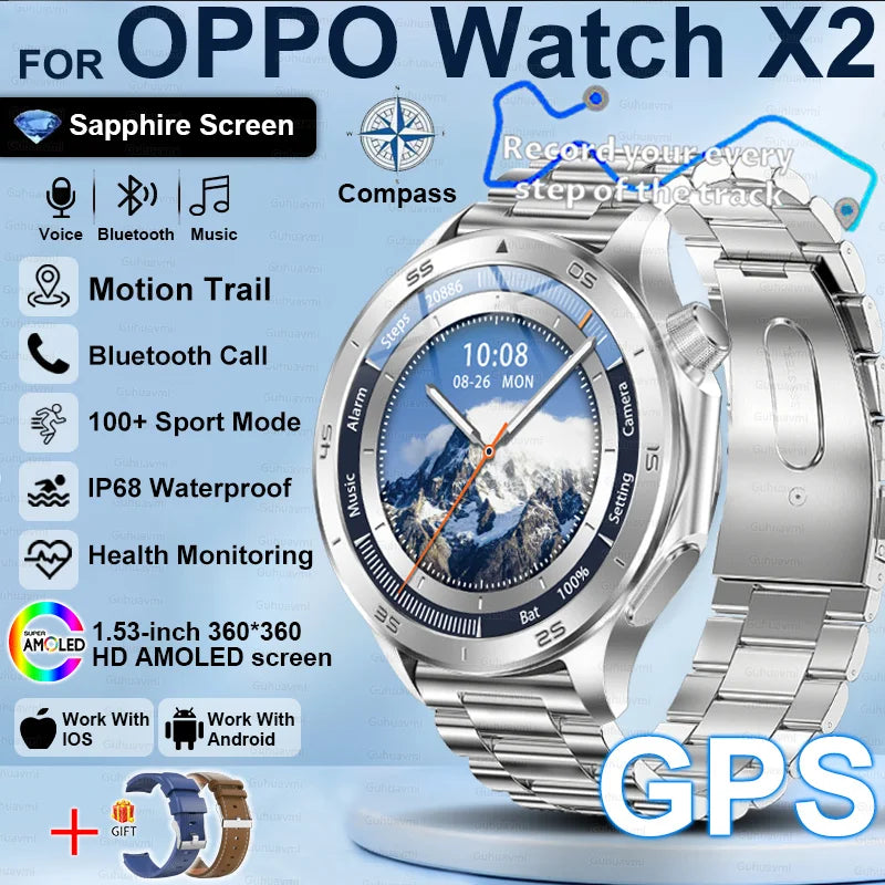 Pour OPPO X2 GPS montres intelligentes homme 360*360 AMOLED écran fréquence cardiaque Bluetooth appel IP68 étanche boussole sport Smartwatch 2025