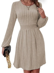 Printemps automne femmes nouveau Style Pit Bar col rond à la mode petite lanterne poignets tirant dos taille a-ligne robe mi-longue