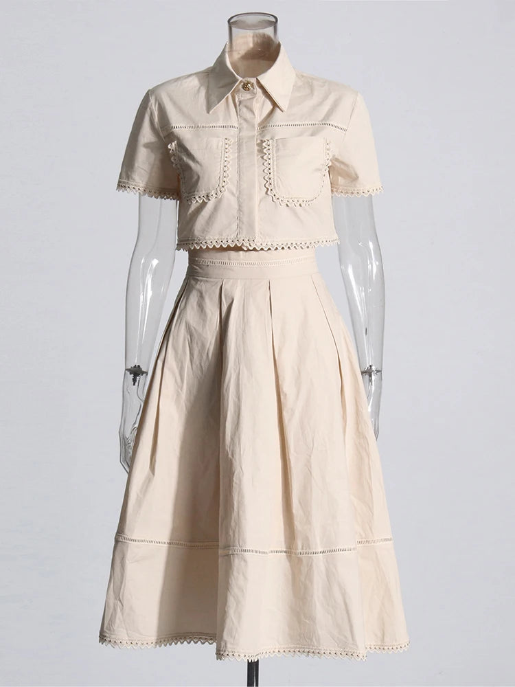 TWOTWINSTYLE – ensemble deux pièces pour femmes, couleur unie, haut à manches courtes, taille haute, jupe trapèze, Slim, mode féminine, nouveau, été