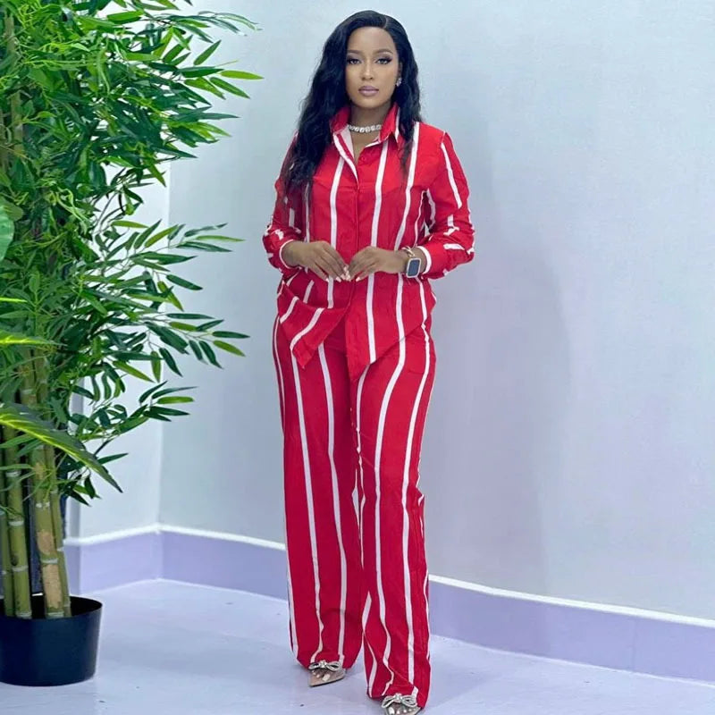 Striped Printed Long-sleeved Shirt Women's Suit Spring Autumn New Simple Casual Straight Pants Elegant Femaleo Ffice 2 Piece Set