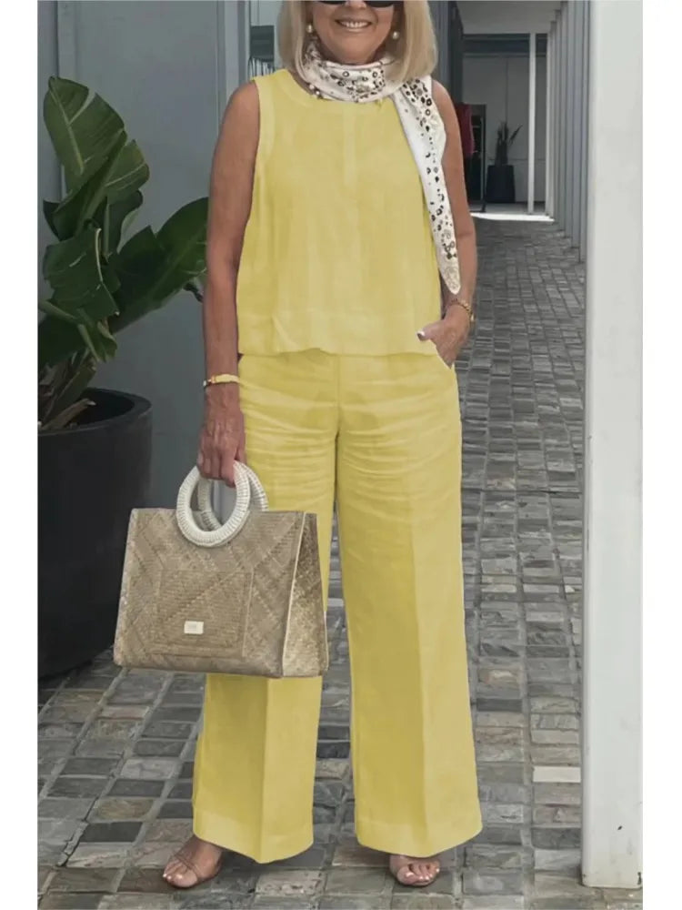 Spring Summer Cotton Linen Solid Color Sleeveless Women Pants Suit Simple Casual Pocket Elegant Female Office Retro 2 Piece Set
