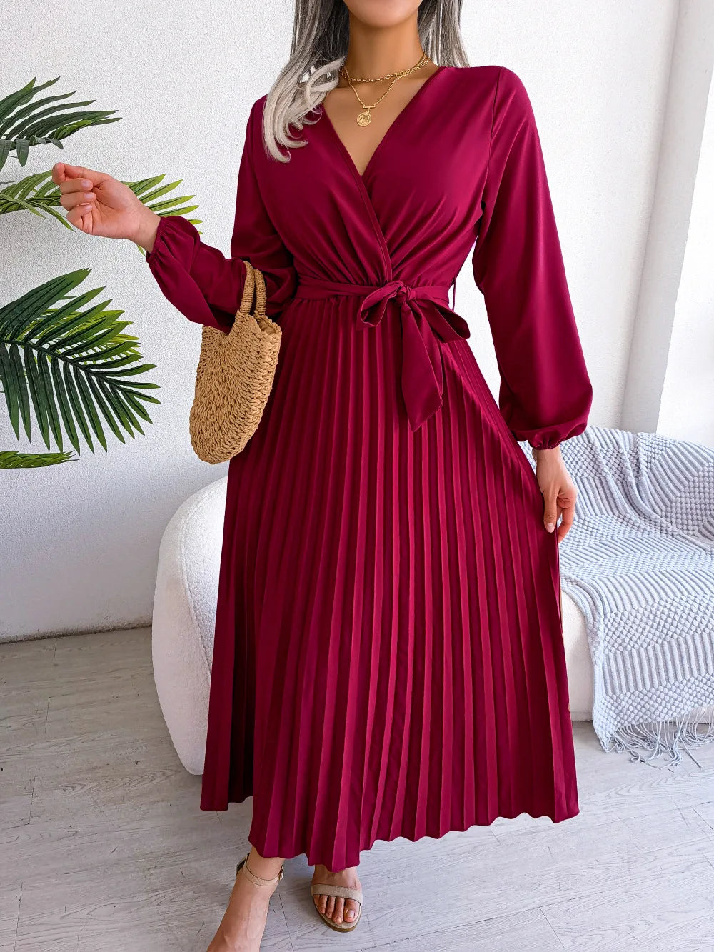 2025 femmes automne nouveau vert à manches longues robe couleur unie à lacets croix col en v grande balançoire plissée longue robe Roupas Feminina