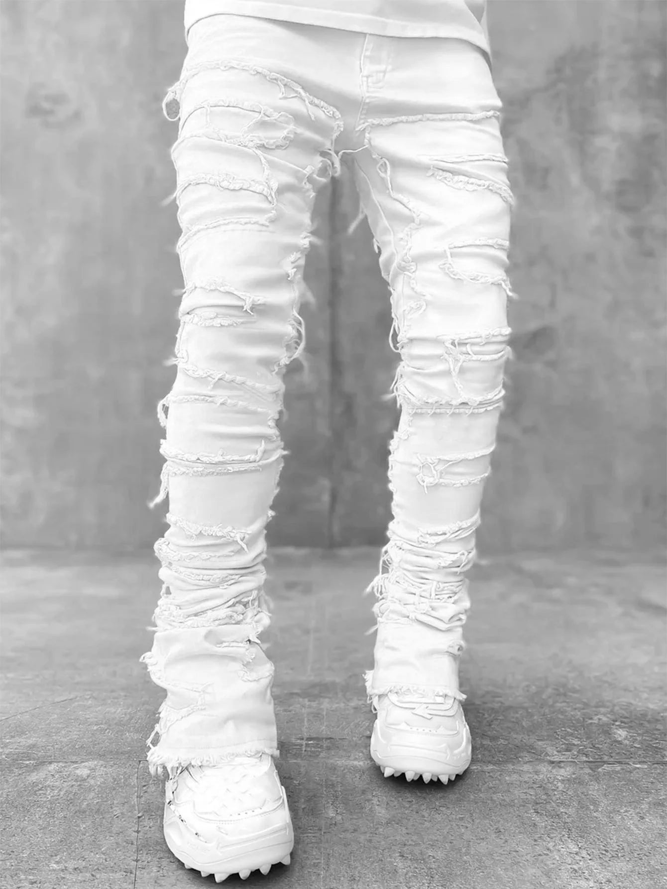 Jean empilé coupe régulière pour hommes déchiré coupe slim patch délavé Pantalon en denim droit détruit Hip Hop Pantalon streetwear tissu