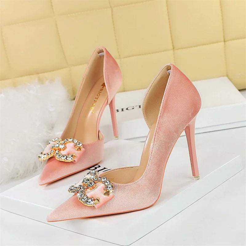 Mode femmes talon haut strass boucle arc vert rose bout pointu pompes de fête velours luxe élégant mariage chaussures de soirée