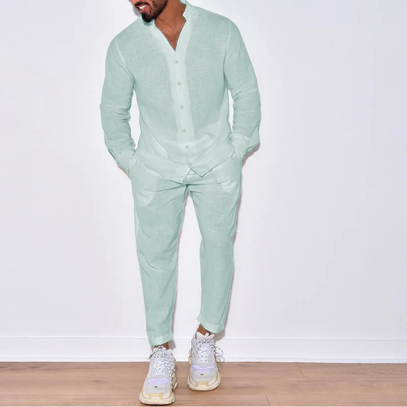 Europe et états-unis hommes nouveau costume décontracté hommes 100% coton monochrome automne mode maison chemise ample à manches longues