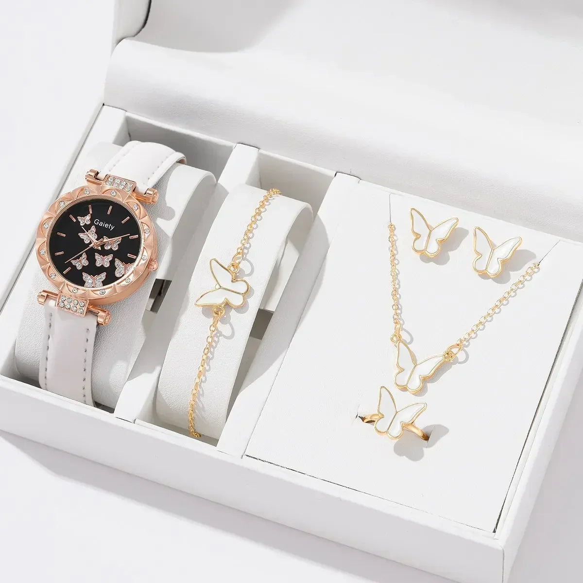 Set Femmes Montre Bague Collier Boucles d’oreilles Bracelet Ensemble Montres Papillon Bracelet En Cuir Dames Quartz Montre-bracelet (Pas de boîte)