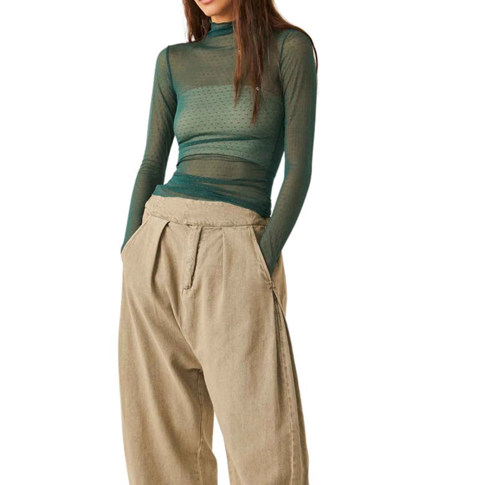 T-shirt à col roulé à manches longues pour femmes, maille transparente à pois, haut court, vêtements grunge, streetwear sexy, nickel é en Y