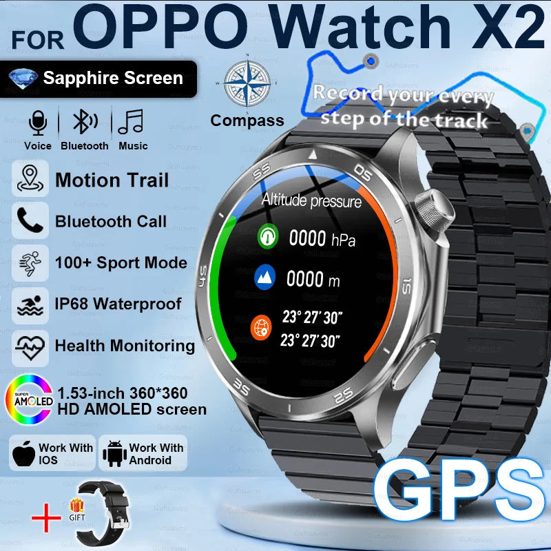 Pour OPPO X2 GPS montres intelligentes homme 360*360 AMOLED écran fréquence cardiaque Bluetooth appel IP68 étanche boussole sport Smartwatch 2025