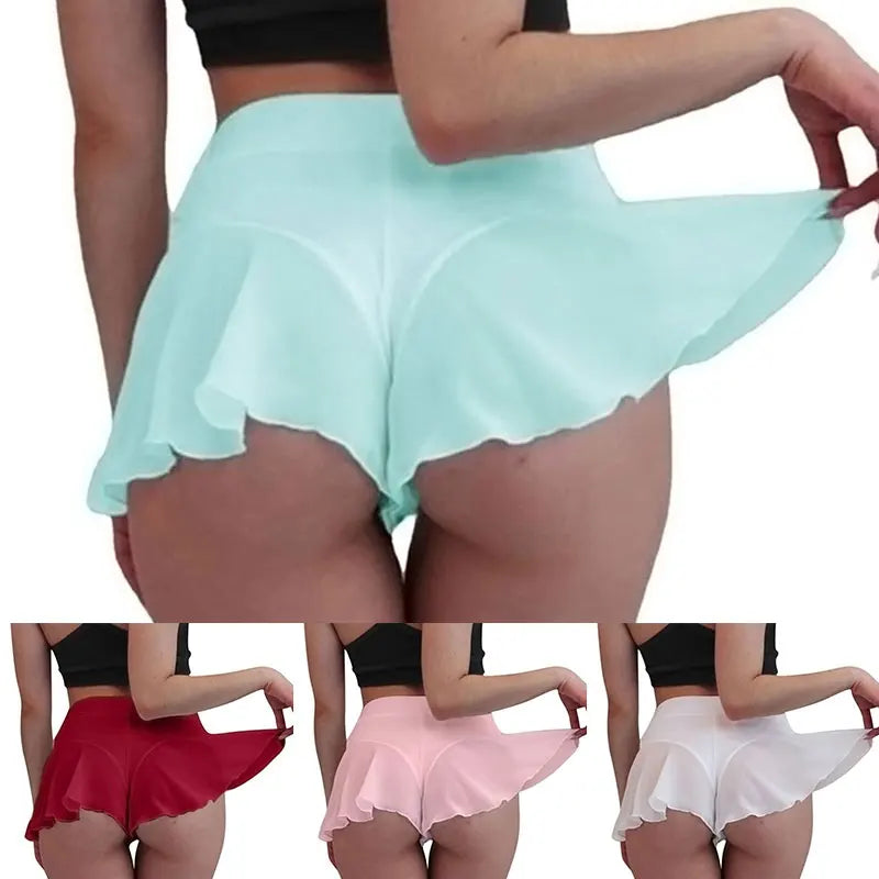 Femmes Sexy Sheer Ruffles Jupe Shorts Transparent Taille Haute Mini Jupes Sports D'été Fitness Yoga brevPantalon Chaud S-3XL