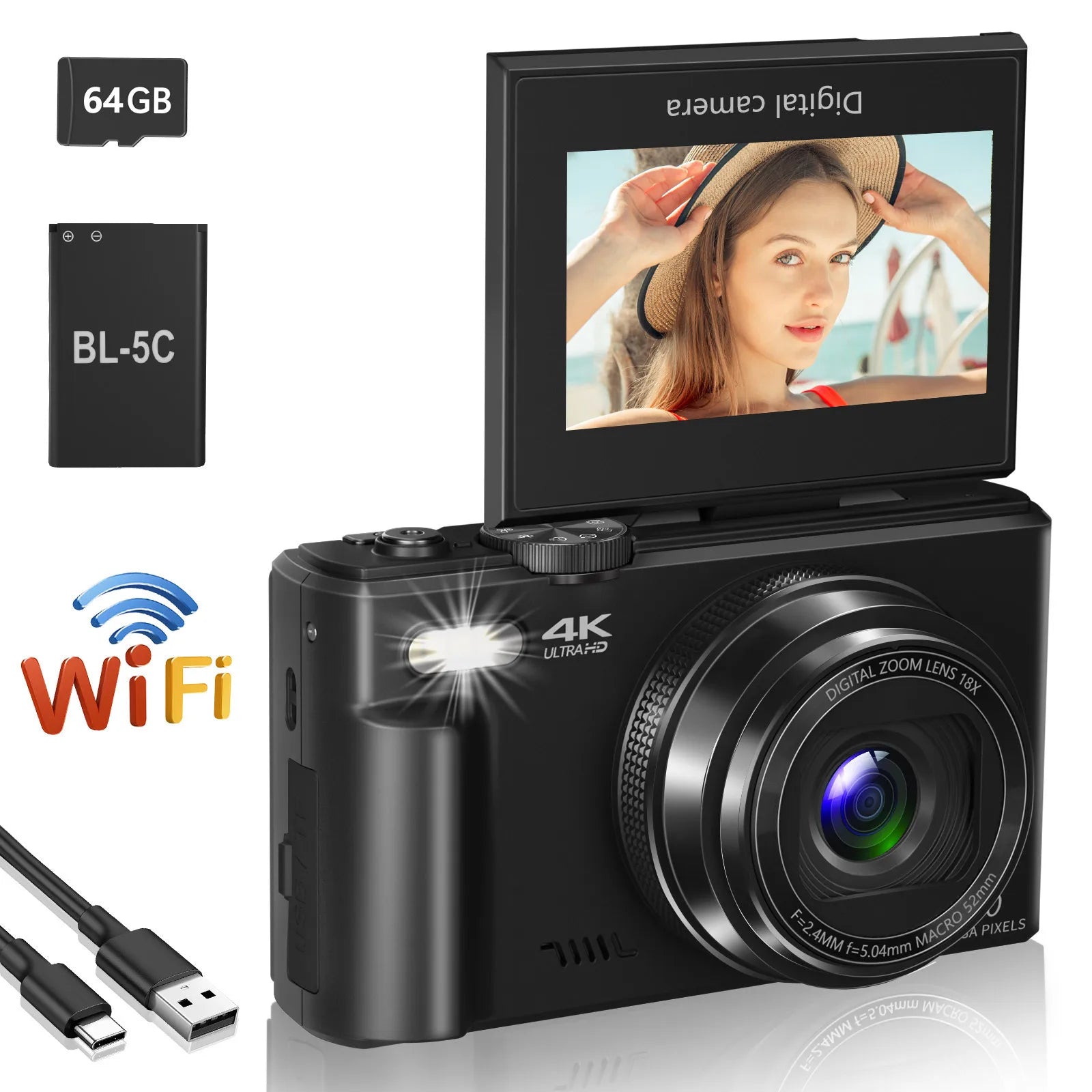 Appareil photo numérique compact 4K, zoom numérique 18x, enregistreur vidéo vlog vintage pour YouTube, 180 °   écran rabattable, webcam WiFi