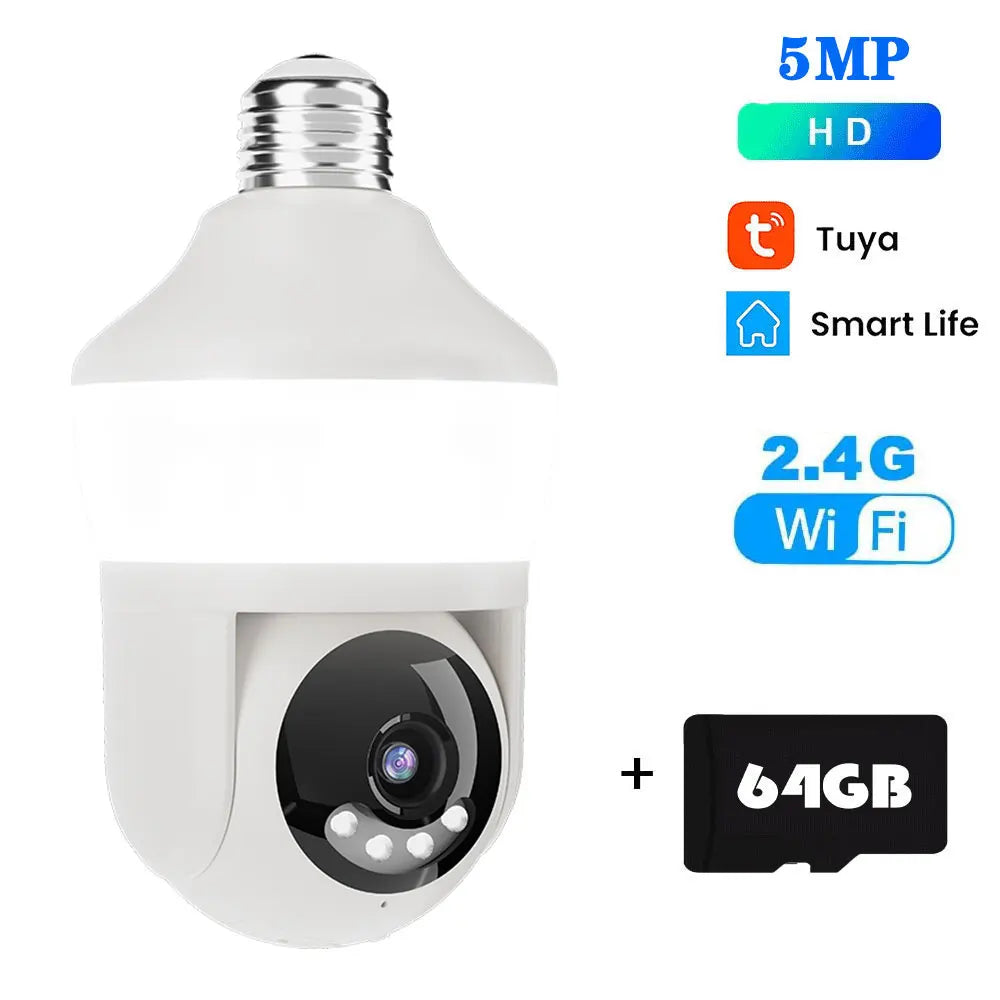 Tuya E27 ampoule double écran WiFi caméra 5MP intérieur 5x Zoom PTZ caméra de sécurité IR couleur Vision nocturne Surveillance sans fil