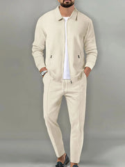Nouveau hommes veste POLO 2 ensembles à manches longues décontracté mode commerciale respirant revers, pantalon tirer corde couleur unie hommes 2 ensemble