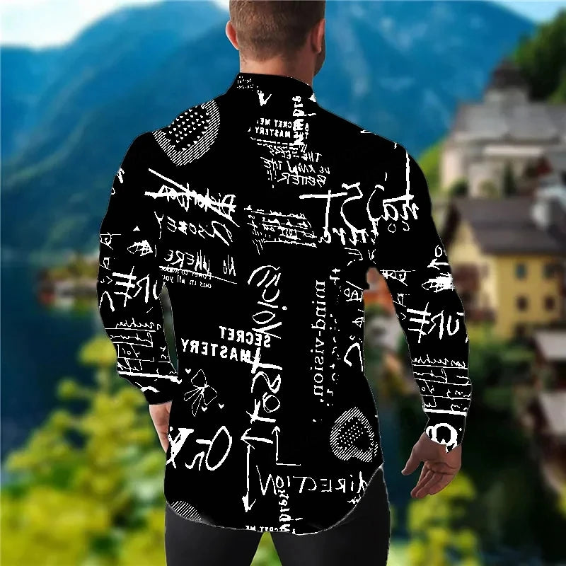 Long Sleeve Hawaiian Shirts Men Fashion Letter Shirt Black White Lepal Blouses Beach Blouse Single Breasted Camisa Vocation
