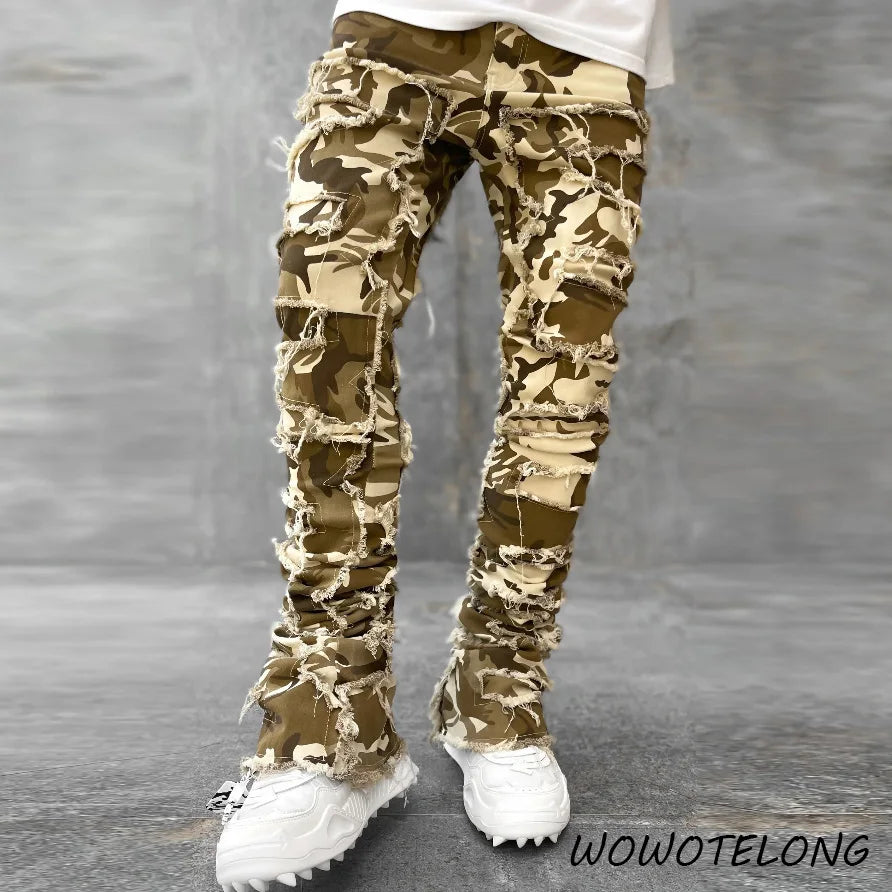 Jean empilé coupe régulière pour hommes déchiré coupe slim patch délavé Pantalon en denim droit détruit Hip Hop Pantalon streetwear tissu