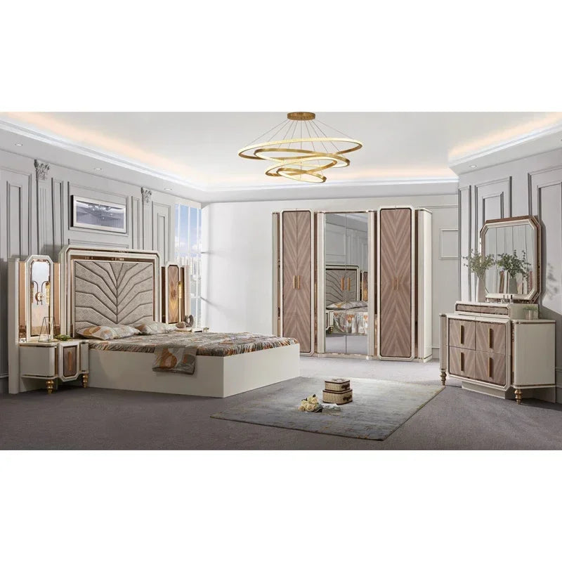 Ensemble de chambre King King King King avec miroir doré, meubles de chambre lumineux, élégant et surdimensionné, style turc, pas cher, luxe
