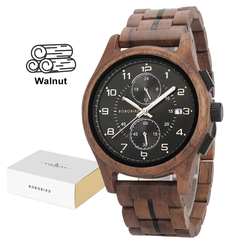 BOBO BIRD Montres pour hommes 44mm Montre à quartz de luxe Boîtier et bracelets légers en bois Montres pour le soutien décontracté Boîte cadeau personnalisée