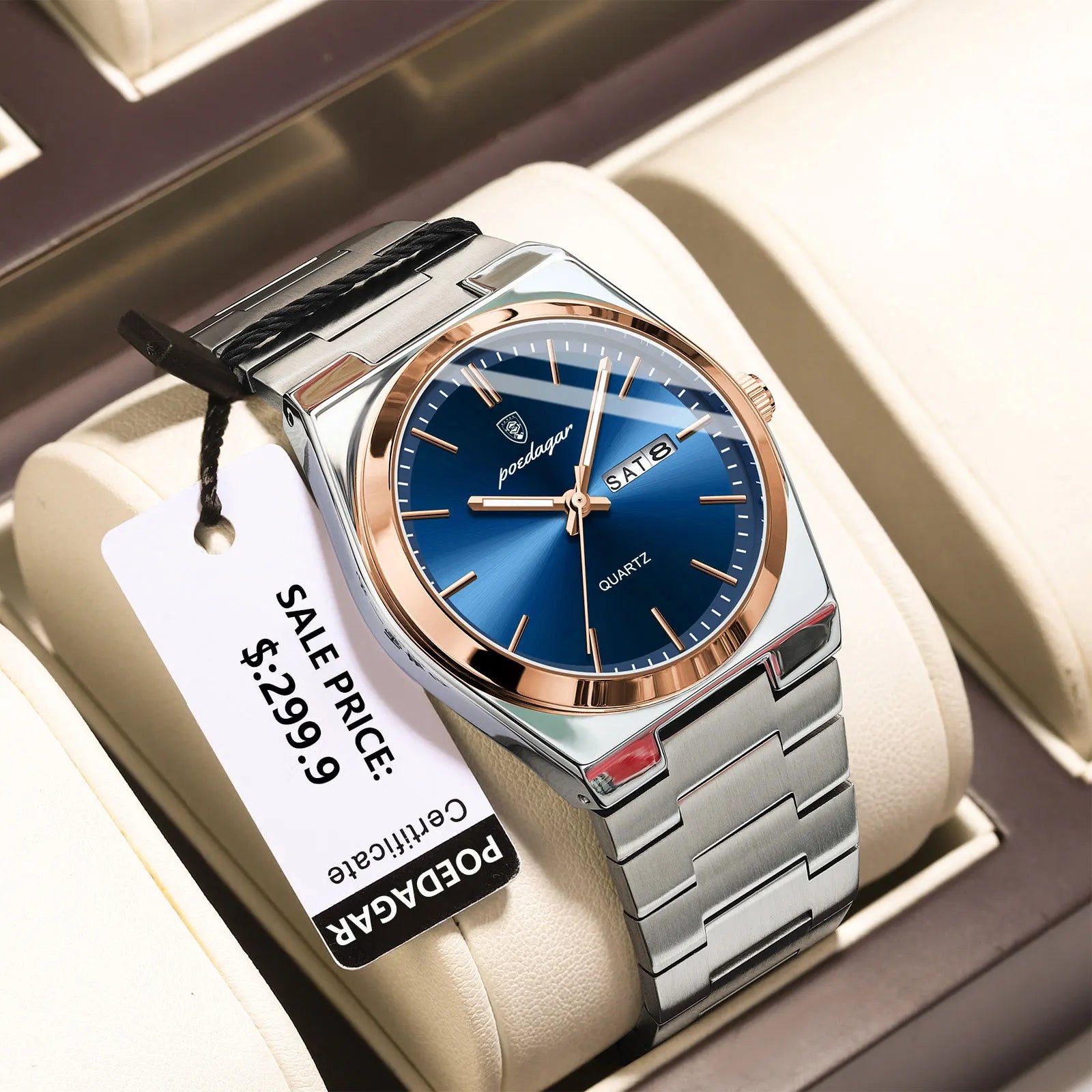 POEDAGAR Montre de luxe pour homme étanche lumineux Date Semaine en acier inoxydable Hommes Montre Casual Quartz Montres pour hommes Horloge masculine + boîte
