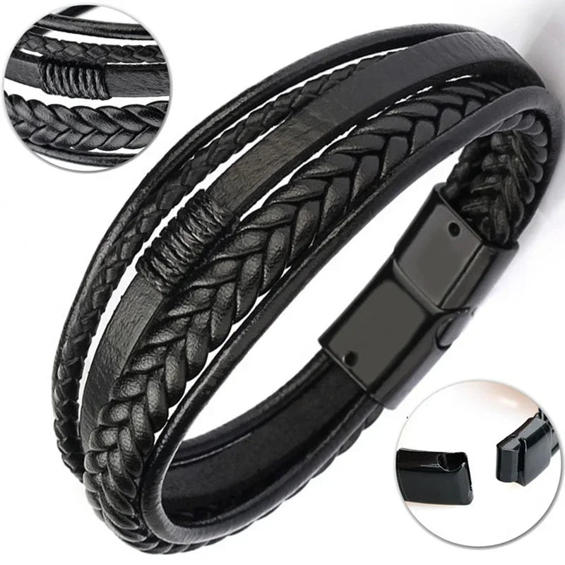 Bracelet tressé en cuir tendance Bracelets à fermoir magnétique en alliage pour hommes