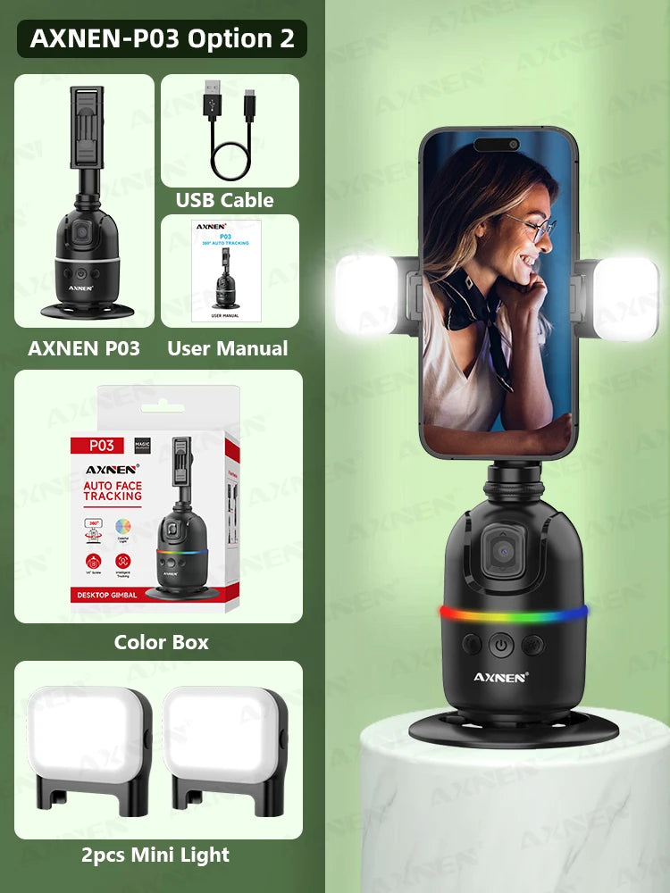 Stabilisateur de téléphone portable à cardan avec suivi du visage AI, support de selfie à rotation automatique à 360 °, trépied en option, iPhone 15 Pro Max Android