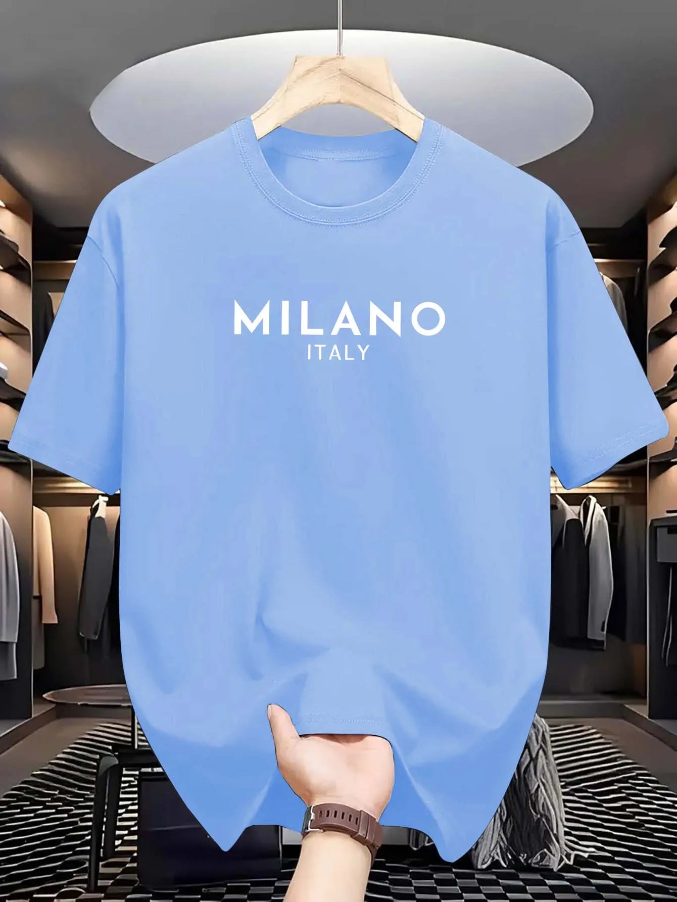 T-shirt à manches courtes et col rond pour hommes, 100% pur coton, décontracté, ample et à la mode, lettre MILANO ITALY imprimée, été