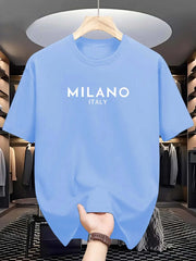 T-shirt à manches courtes et col rond pour hommes, 100% pur coton, décontracté, ample et à la mode, lettre MILANO ITALY imprimée, été