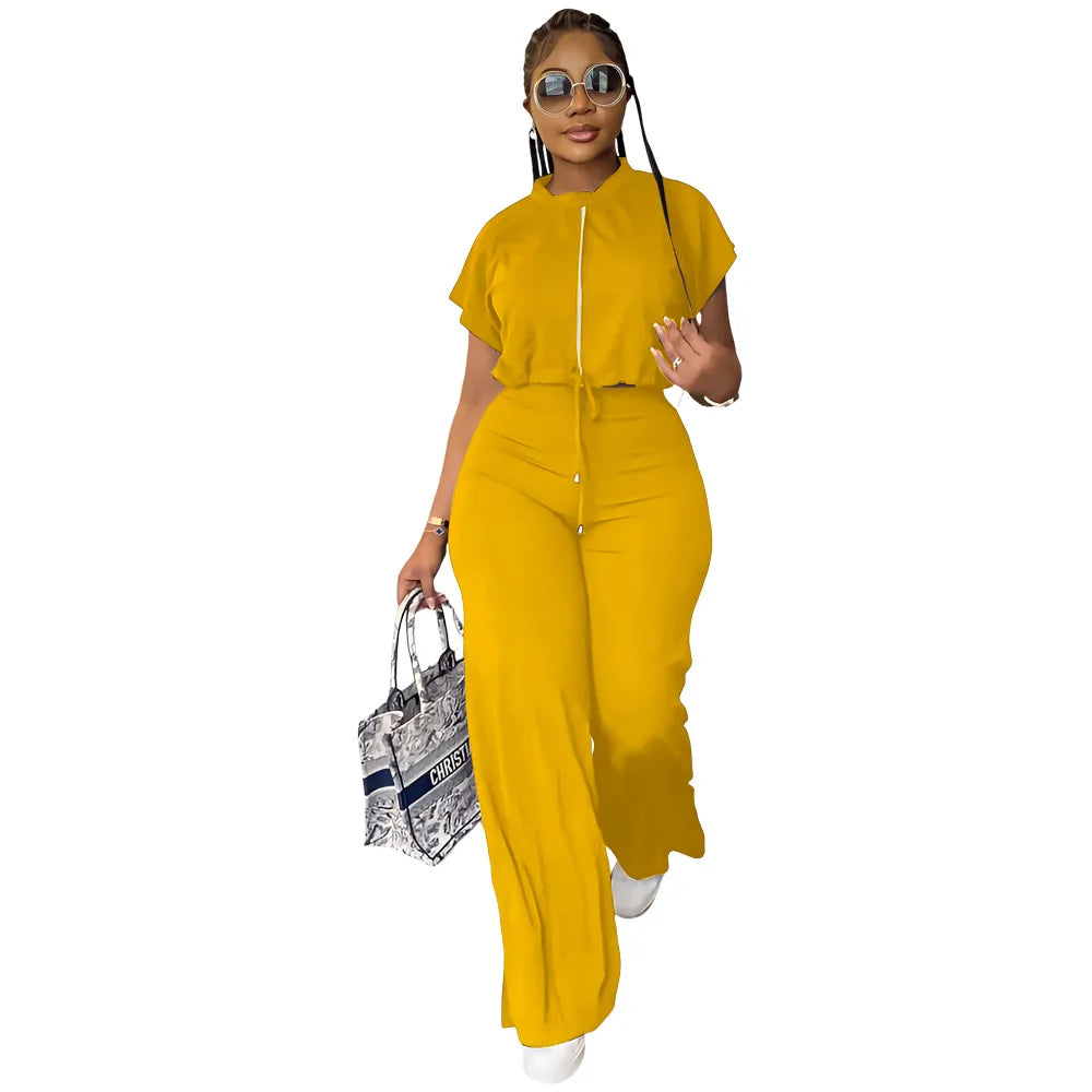 Women Casual Round Neck Drawstring Short Sleeve Top & High Waist Pants Set Summer Solid Two Piece Suit Sets Outfits Set Female