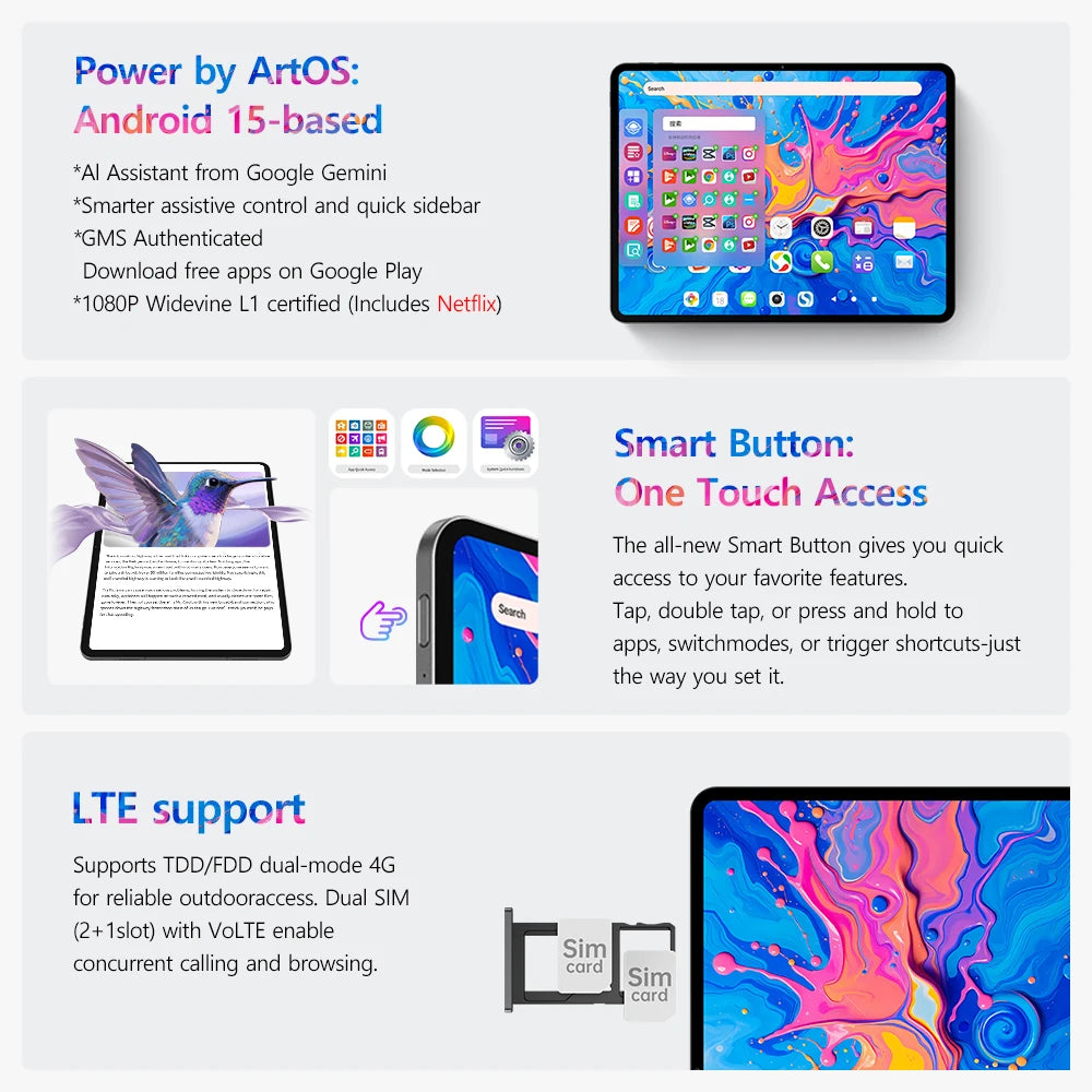 Teclast ArtPad Pro 12.7 "2.2K UHD affichage 20GB RAM (8 + 12 virtuels) 256GB ROM Helio G99 10000mAh 30W Android 15 tablette Global LTE