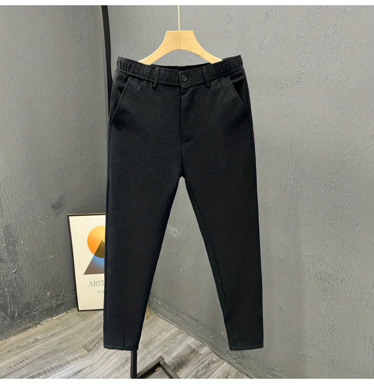 2024 Leisure Trend Korean Edition Summer Solid Color Zipper Pocket Men's High Waist Elastic Slim Fit Straight Nine Split Pants