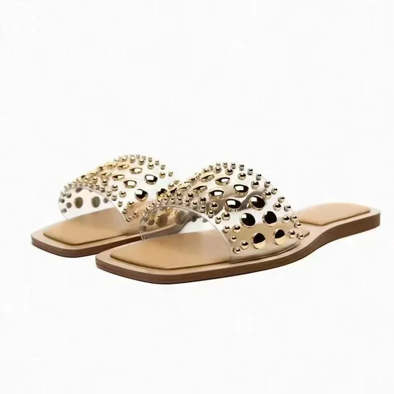 2025 été chaussures pour femmes PVC Transparent riveté décontracté plat bout ouvert diapositives de plage tendance marque Design grande taille dames pantoufles