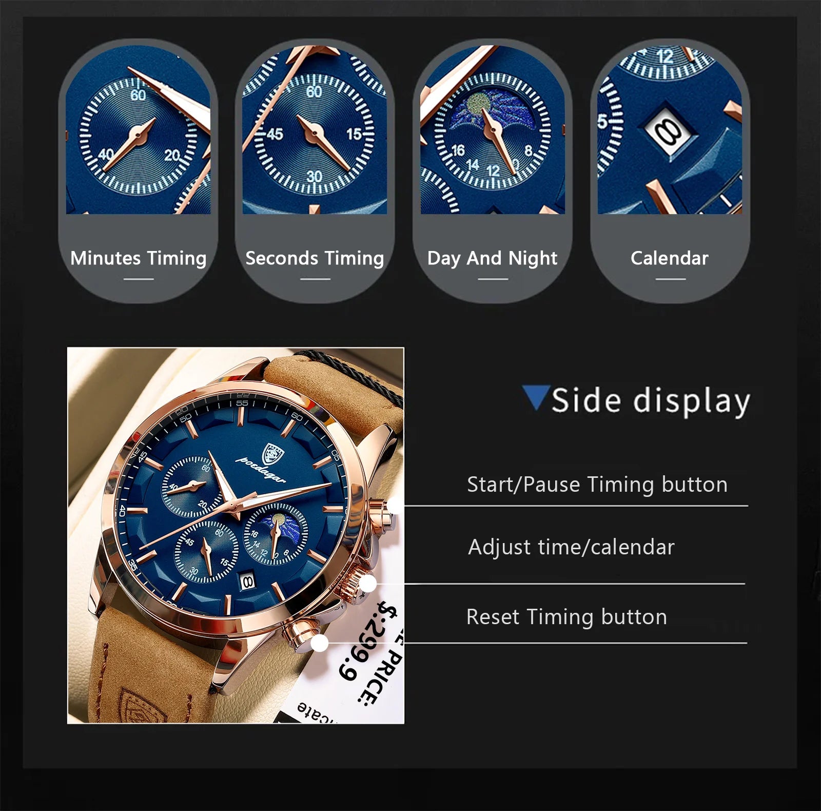 POEDAGAR Hommes Montre à quartz Luxe Sports Étanche Chronographe Lumineux Date Homme Montre-bracelet Entreprise Cuir Montres Hommes Horloge
