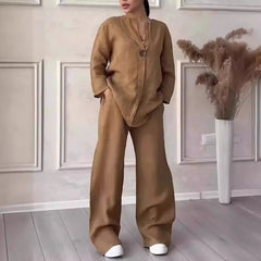 Ensemble deux 2 pièces en coton et lin, chemisier ample décontracté à manches longues et boutons, chemise et pantalon ample à jambes larges et élastiques, costumes NMD-3021