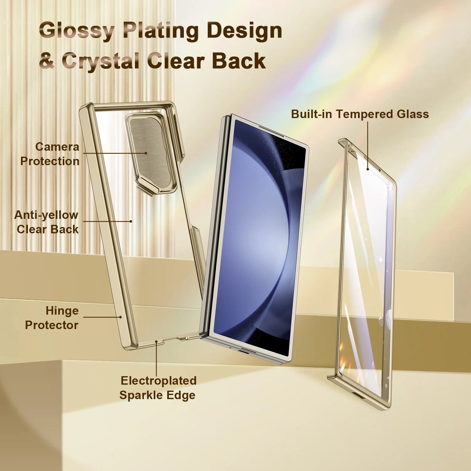 Pour Samsung Galaxy Z Fold 6 étui avec couverture et support Camear mince Protection de charnière tout compris étui transparent galvanisé