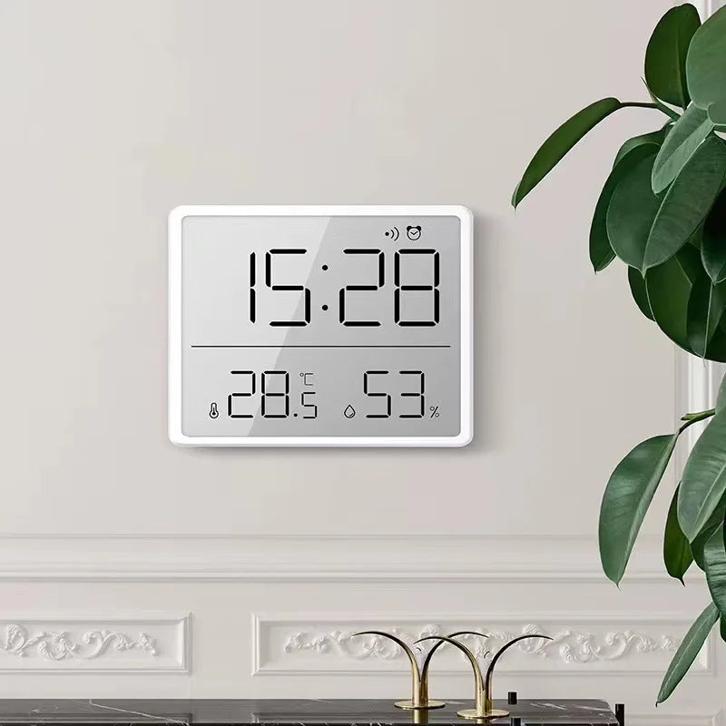 Horloge murale numérique mince avec alarme LCD, affichage de la température et de l'humidité, support adhésif pour horloge électronique de cuisine multifonctionnelle