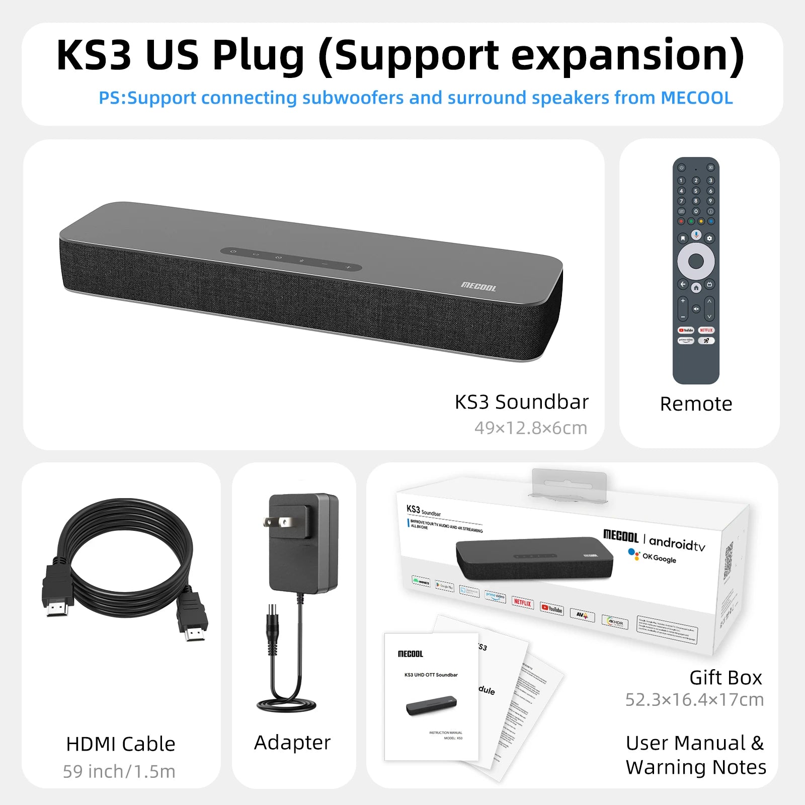 Barre de son MECOOL Android 12 certifiée Google Netflix Dolby Atmos Dolby Vision 4 + 32G son Surround Home Media cinéma