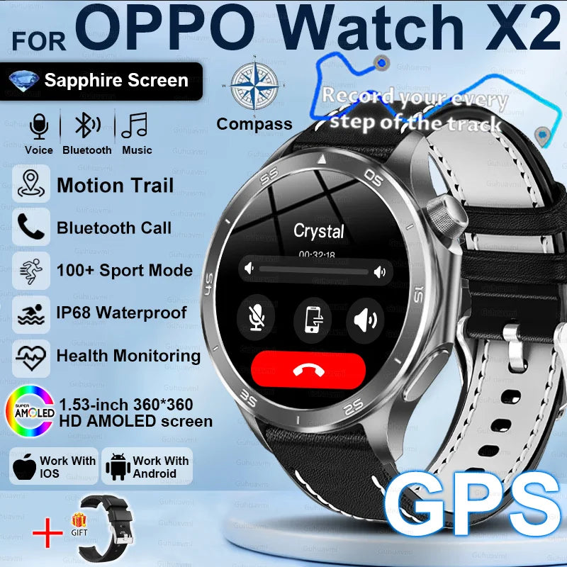 Pour OPPO X2 GPS montres intelligentes homme 360*360 AMOLED écran fréquence cardiaque Bluetooth appel IP68 étanche boussole sport Smartwatch 2025