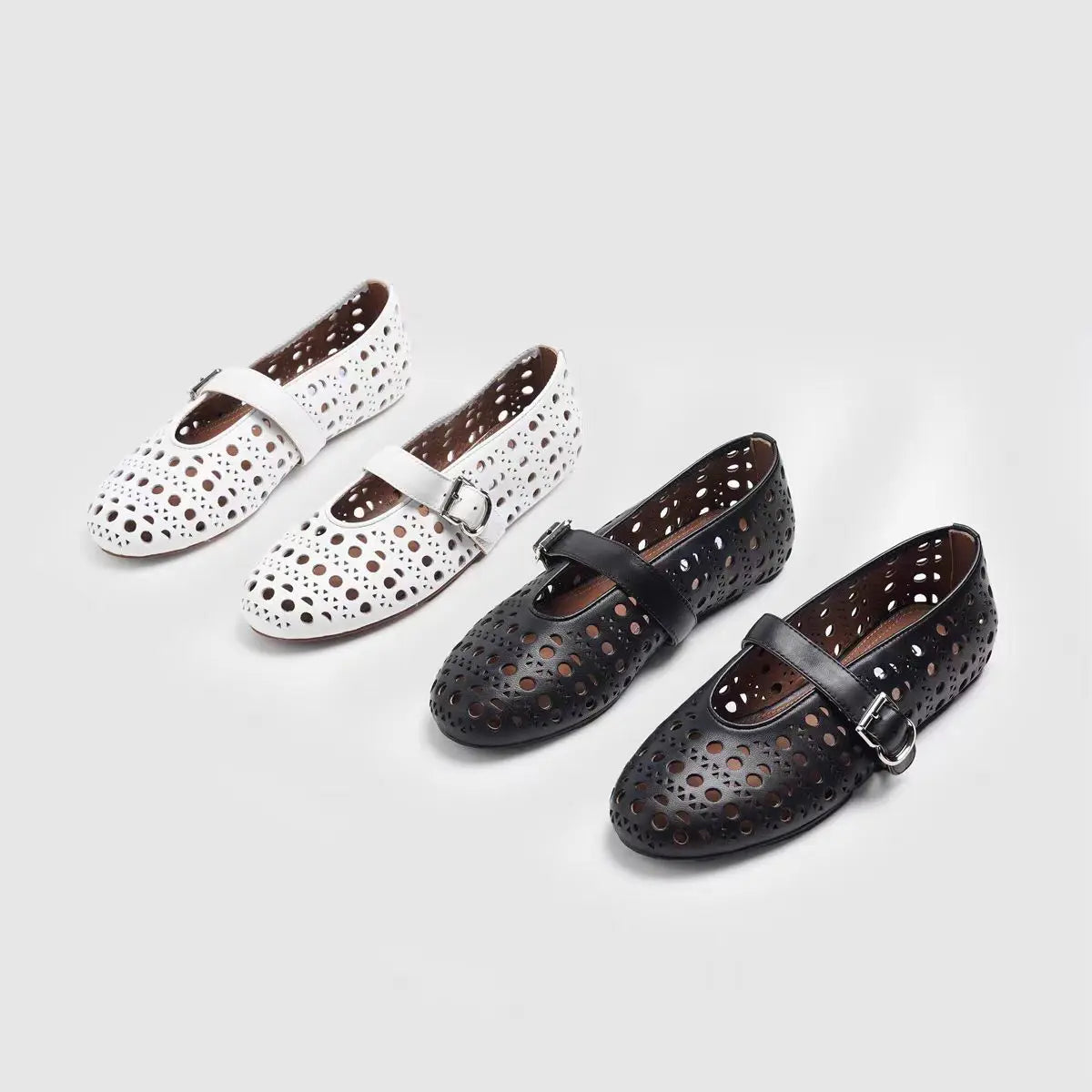 Chaussures plates découpées en cuir noir/blanc pour femme, mocassins à bout rond avec ceinture à boucle ajourée, mary janes, respirantes