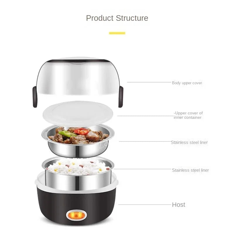 Mini cuiseur à riz électrique en acier inoxydable, 2/3 couches, récipient alimentaire, cuiseur vapeur, portable, chauffage de repas, boîte à lunch, réchauffeur, bento