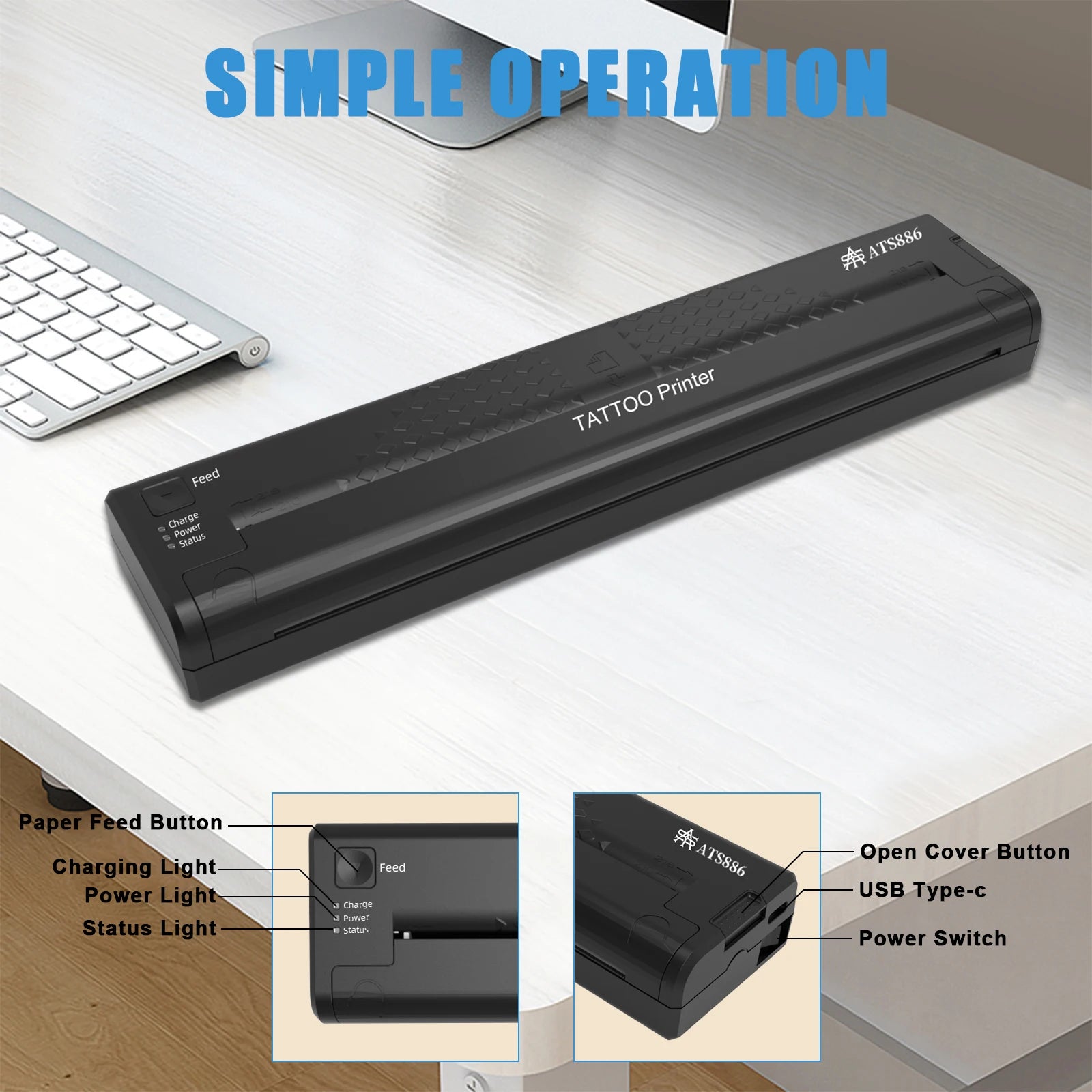 Imprimante de Transfert de Cailloux de Tatouage Portable ATS886, Appareil Thermique pour Dessiner des Lignes et des Photos